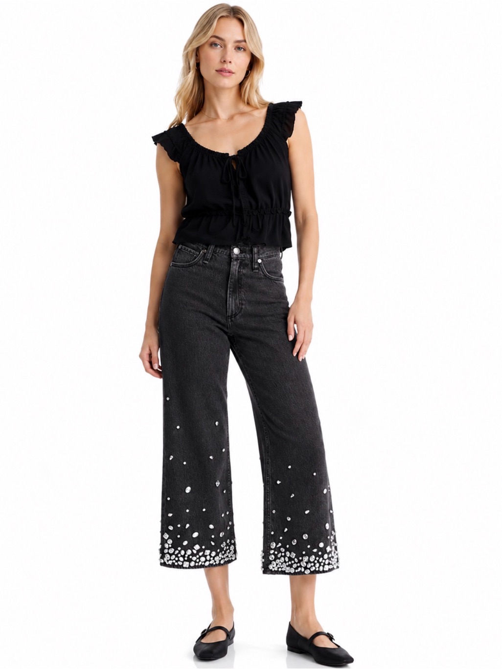 Rag & Bone Black High-Rise Ankle Wide-Leg Jeans With Crystal Embellished Hem